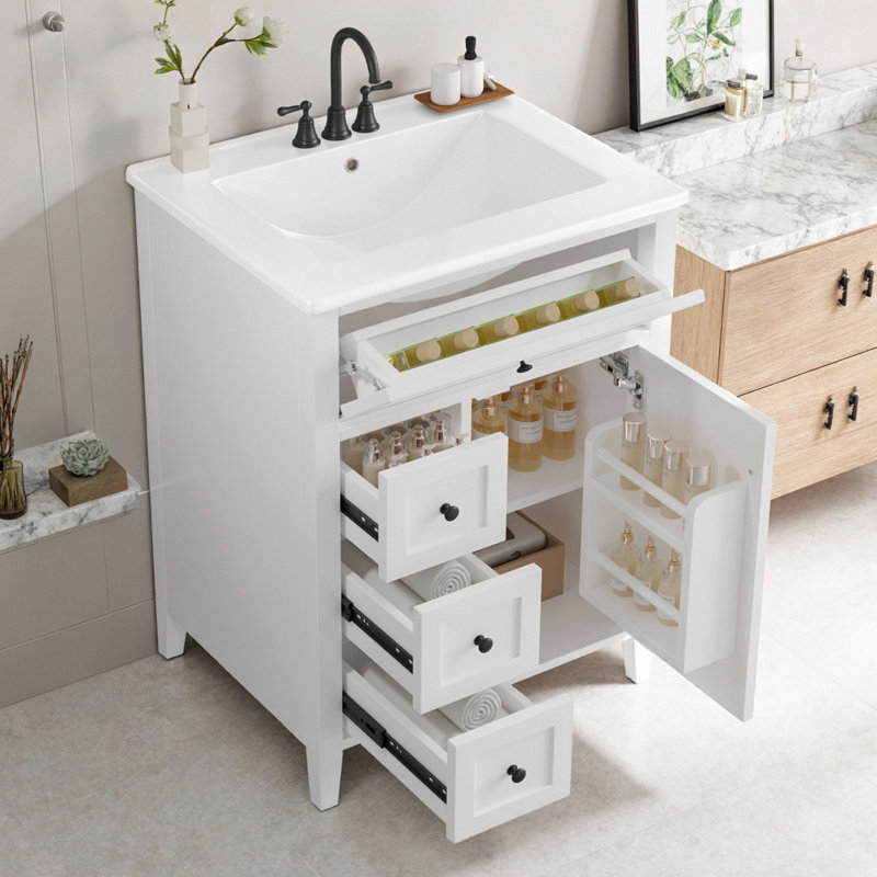 Meuble-lavabo de 24 po avec lavabo en céramique | Design moderne glam avec boutons dorés, rangement à 3 tiroirs à gauche et armoire à droite avec tablettes réglables, compact pour les petites salles de bain