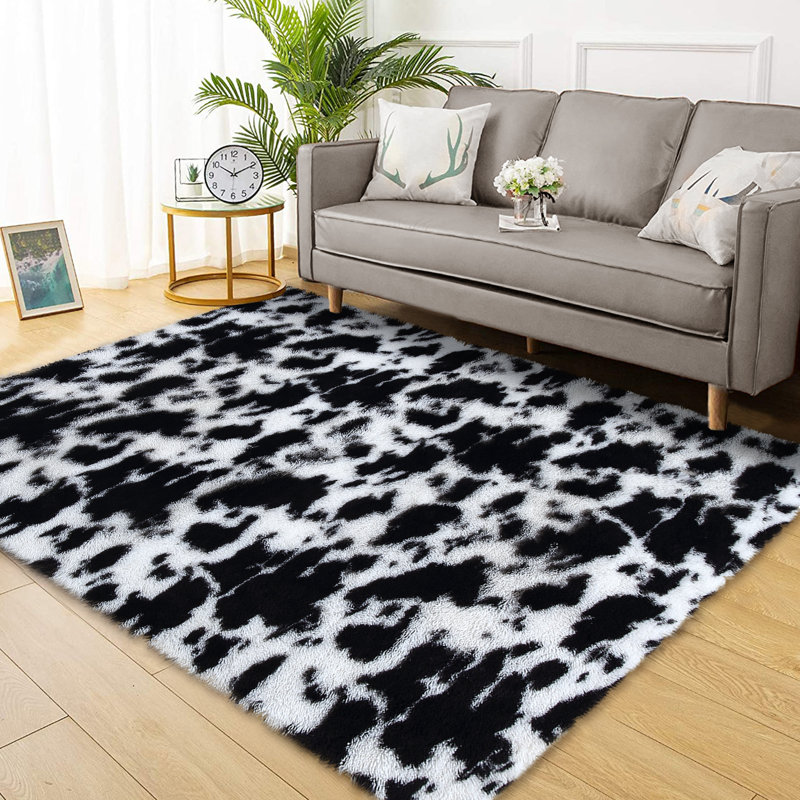 Fluffy Shag Area Rugs for Living Room Bedroom Fuzzy Shaggy Tie-dye Rugs for Kids Room Nursery Non Slip Rug Indoor Black and White Rug for Girls Boys Playroom Dorm Home Decor