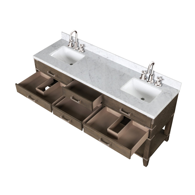 Ensemble de meuble-lavabo double P 22 po, comptoir en marbre de Carrare et robinet, Gris, H 34,12 po x l 22 po x P 72 po