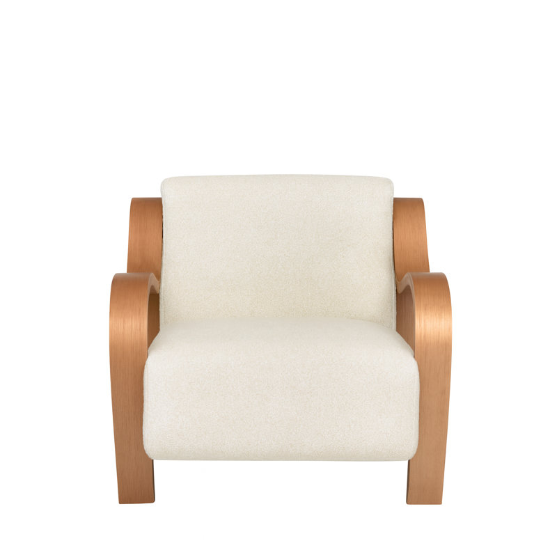 Curva Luxe Accent Chair-Boucle Upholstered with Wood Arms , Cream, Natural Wood