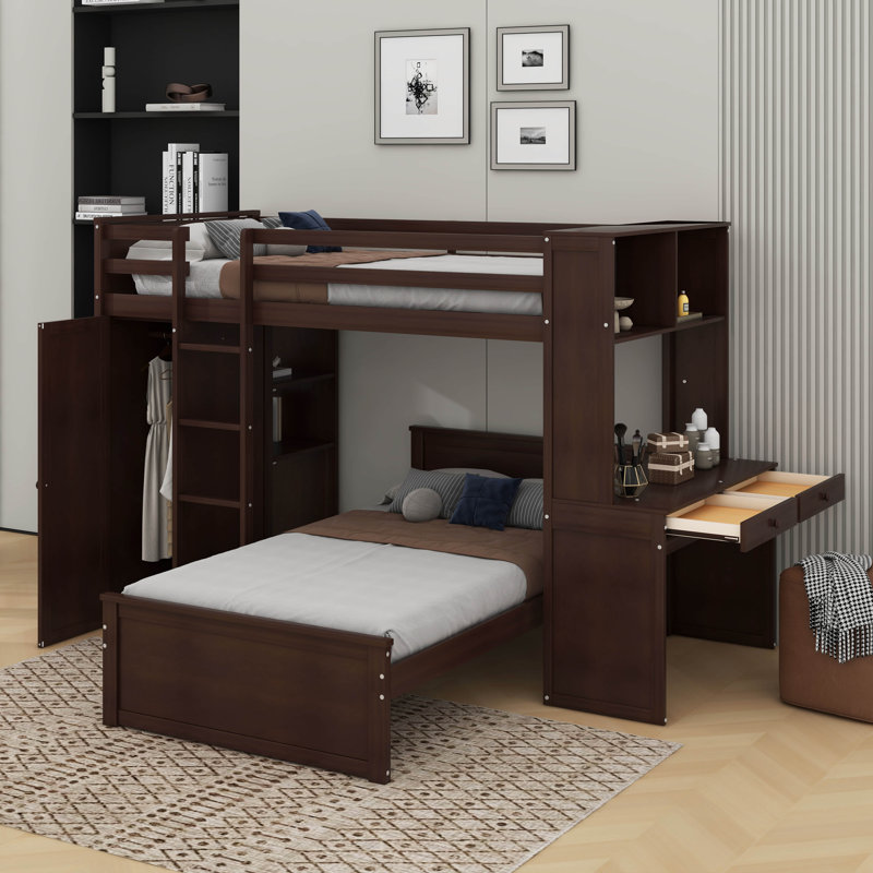 Lit mezzanine simple avec tablettes, bureau et garde-robe, Espresso