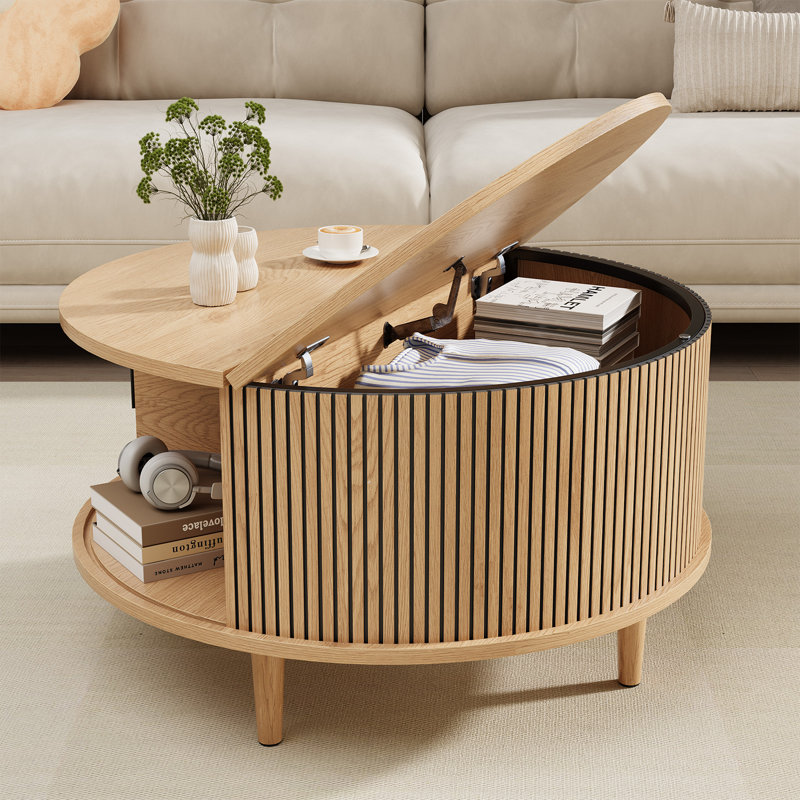 31.5" Modern Round Lift Top Coffee Table With Fluted Door & Storage, Beige