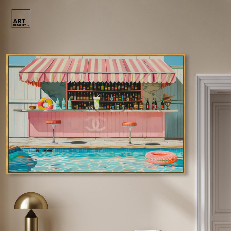 «Pink Pool Bar Party» par Glam Coastal Art , H 3 po x l 55 po, Cadre flottant doré