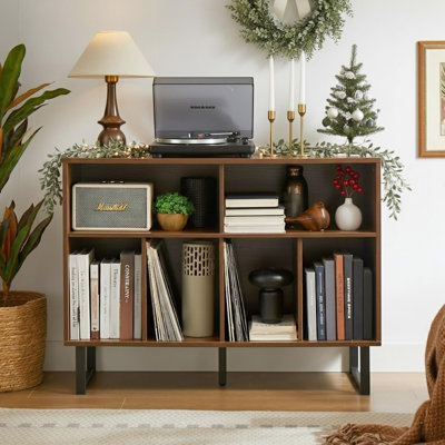 Grand support pour tourne-disque avec rangement, armoire pour tourne-disque avec rangement en vinyle, console avec plateau tournant de style Mid-Century, noyer noir, pour albums, média, chaîne stéréo, bibliothèque pour le salon