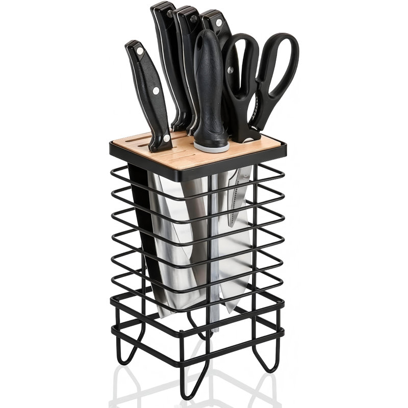 Bloc à couteaux universel, support de rangement pour couteaux de cuisine, 8 emplacements, structure en fil de fer creux, utilisable en toute sécurité avec des couteaux de différentes tailles et formes, affûteurs et ciseaux, à poser sur le plan de travail.