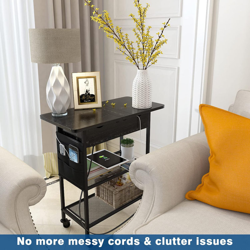 Black Slim Rolling Side Table with Charging Station and Shelves
