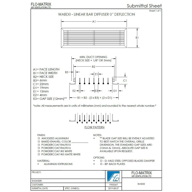 Diffuseur de barre linéaire en aluminium 0 degrés, H 19,2 po x l 7,1 po x P 1 po