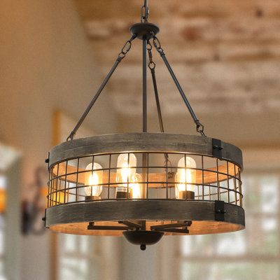 Lustre cylindrique en bois massif à 5 lumières à intensité variable 18,9 po avec accents métalliques Liahona