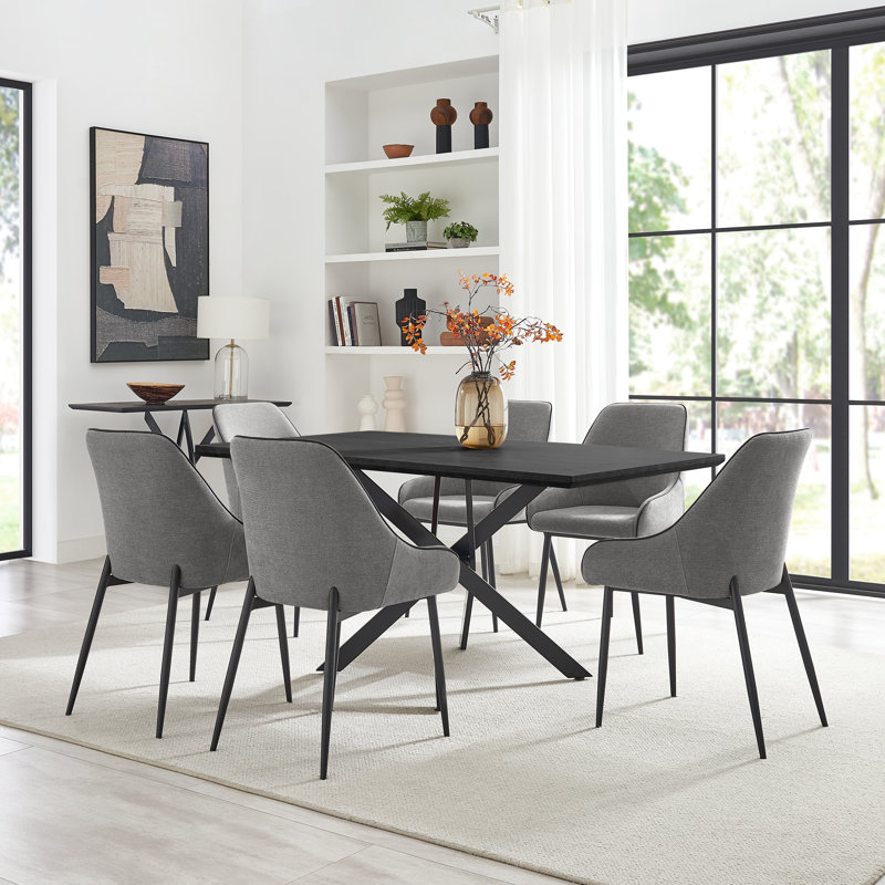 Aminata Veneer & Metal Round Dining Table With Ophelia Fabric Chairs - Modern Statement Design, Grey, 6