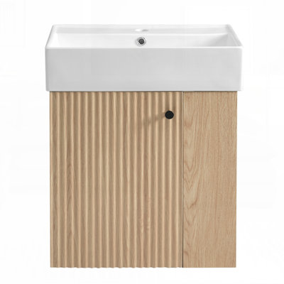 Contemporary Wave-Patterned Floating Bathroom Vanity with Ceramic Basin and Right side storge
