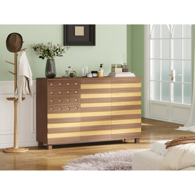 55 - Inch Buffet Cabinet For Kitchen And Living Room, Hand Design, 2 Drawers 3 Doors, Adjustable Shelf, Coffee Bar Function, Tip Protection, 200 Pound Weight, Brown + Yellow Sideboard Bar, Details,