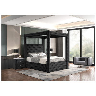 Luxury Velvet Canopy Bed with Button Tufting