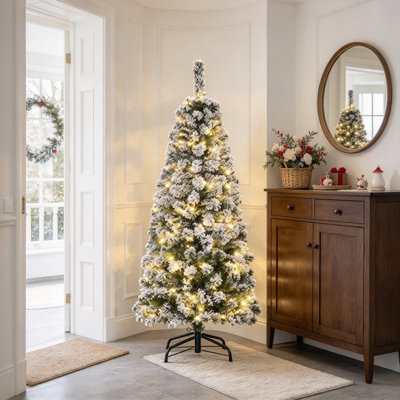 4FT Prelit Artificial Snow Flocked Christmas Tree with Warm White LED Light, Holiday Home Xmas Decoration, Green White