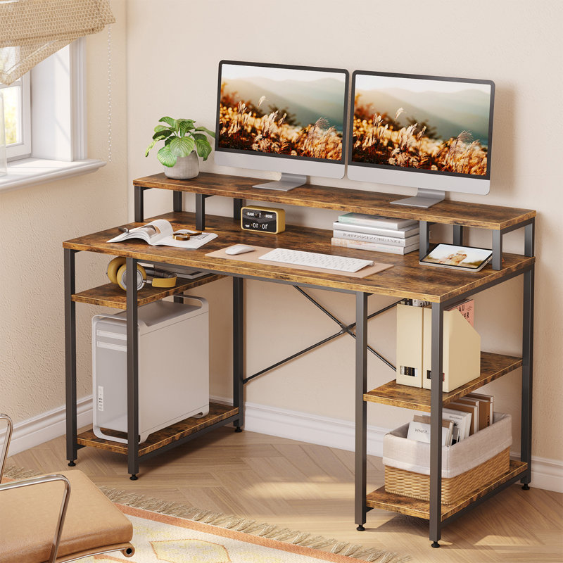 Kinslee 55inch Computer Desk with Monitor Stand, Rustic Brown