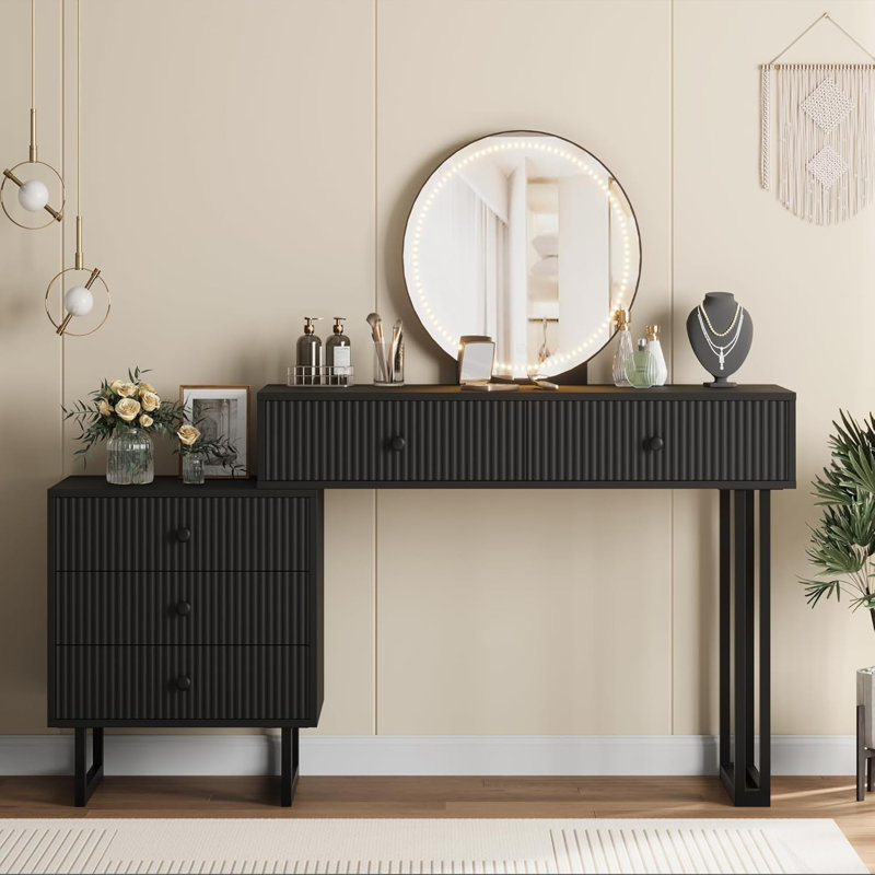 Vanity Desk with Mirror and Lights, Small Makeup Vanity with 5 Drawers, Modern Makeup Vanity Organizer with 3 Color Lights