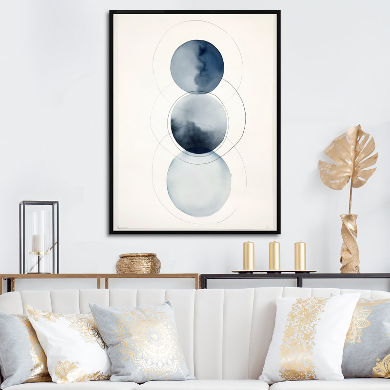 «Essential Circles Retro», aquarelle bleue sur toile, Cadre flottant noir, H 44 po x l 34 po