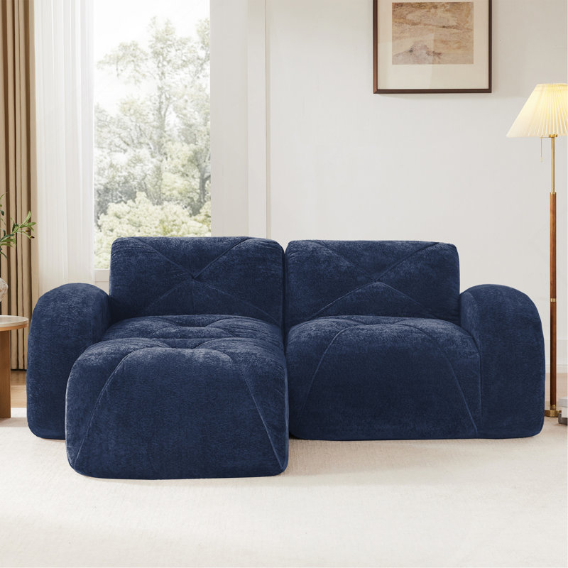 Canapé en forme de L sans os, tissu en velours doux, conception capitonnée, éponge haute densité 32D, aucun assemblage requis, fond ergonomique, conception antidérapante, repose-pieds mobile pour les chambres à coucher, bleu