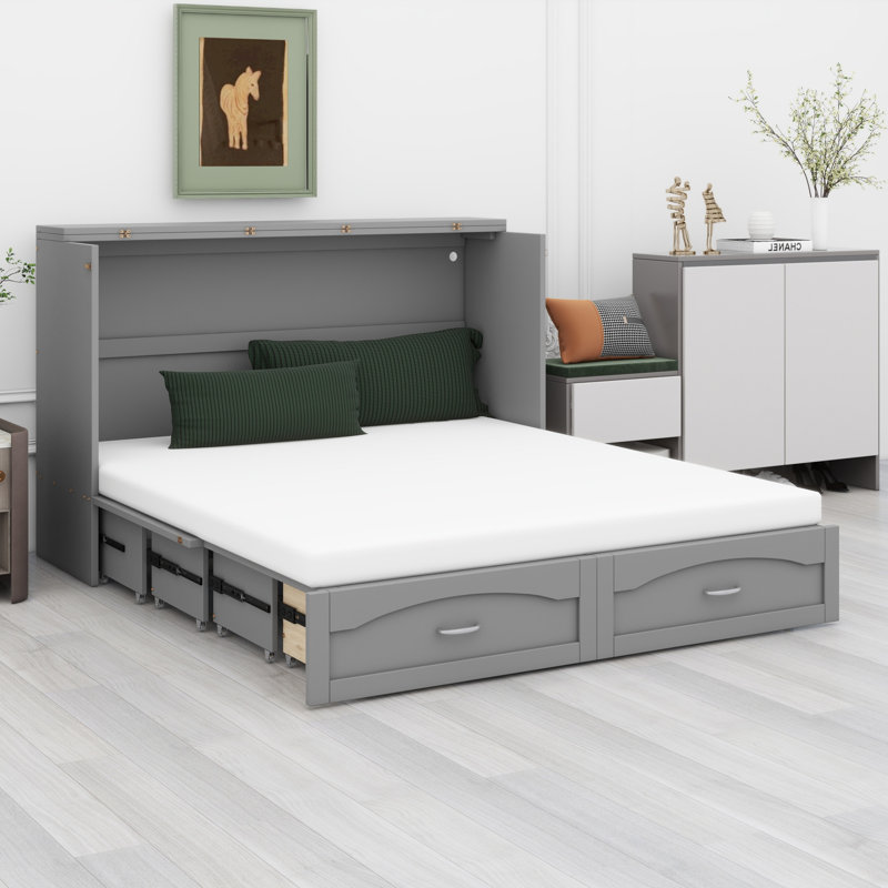 Lit escamotable peu encombrant avec chargement USB et tiroirs, Gris