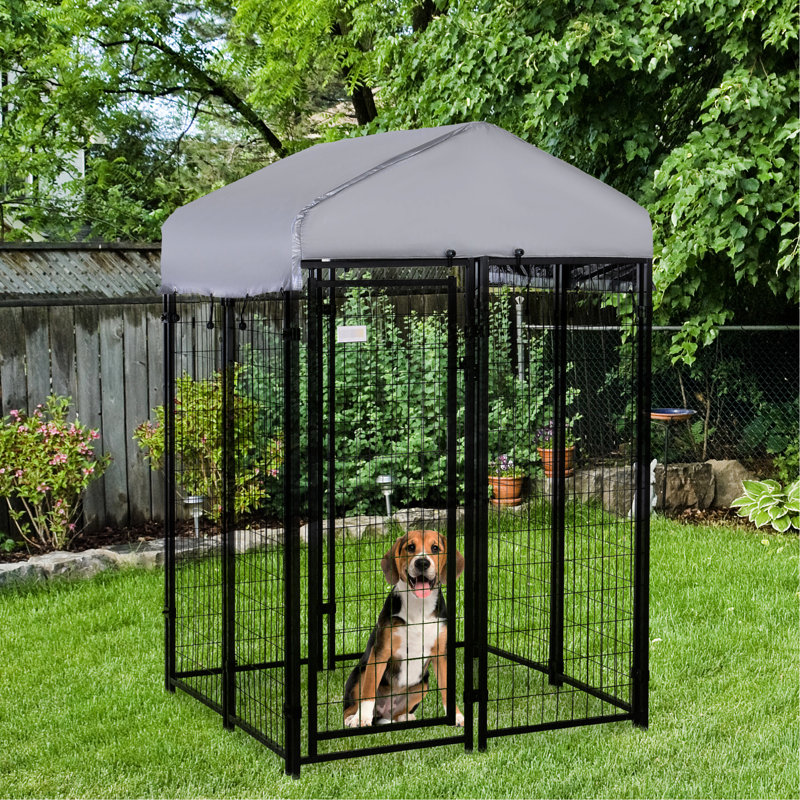 Grand parc extérieur pour chien, 48 po x 72 po, porte verrouillable, auvent aquatique, structure en acier pour chiens de taille moyenne, chenil gris de 4 pi 6 po avec petit et moyen