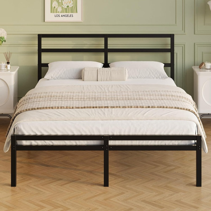 Lit plateforme en métal Queen avec tête et pied de lit, style classique, rangement sous le lit, support robuste, conception silencieuse, montage facile, noir