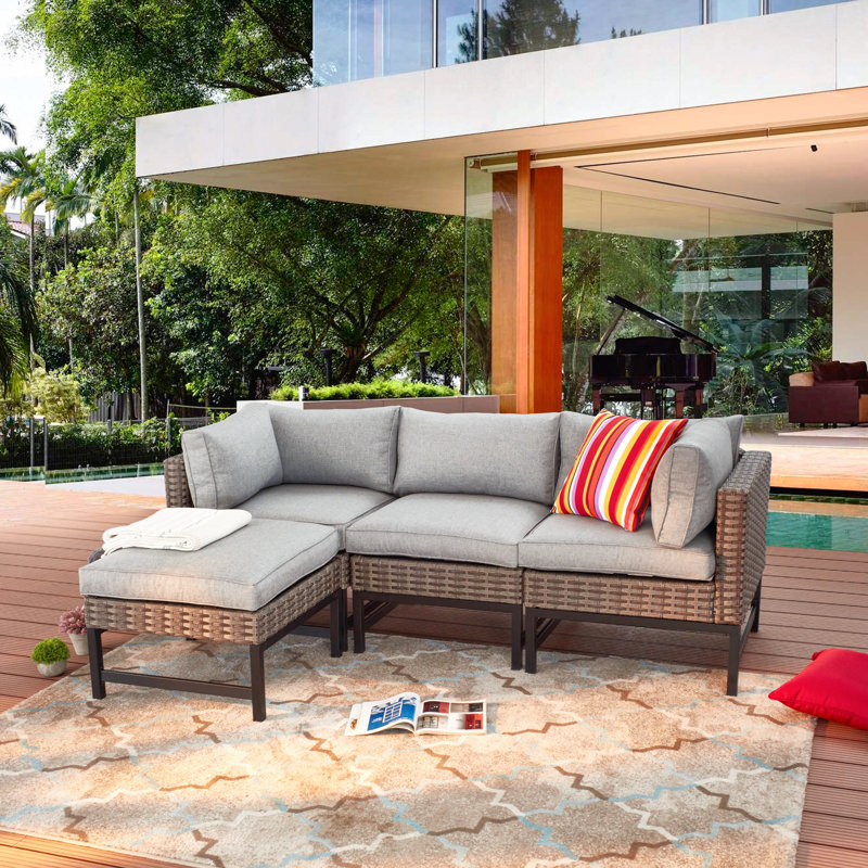 Hesse 78.8 " W L-Shaped Powder Coated Steel and Wicker Patio Sectional with Cushions