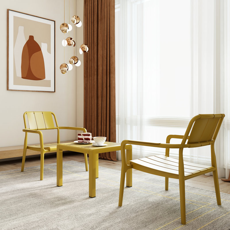 2 chaises simples et table basse pour 2 personnes, meubles en polypropylène jaune, pour l'intérieur et l'extérieur, décoloration, conception toutes saisons, utilisation intérieure / extérieure à 5 réglages, qualité commerciale, toutes saisons, robustes,