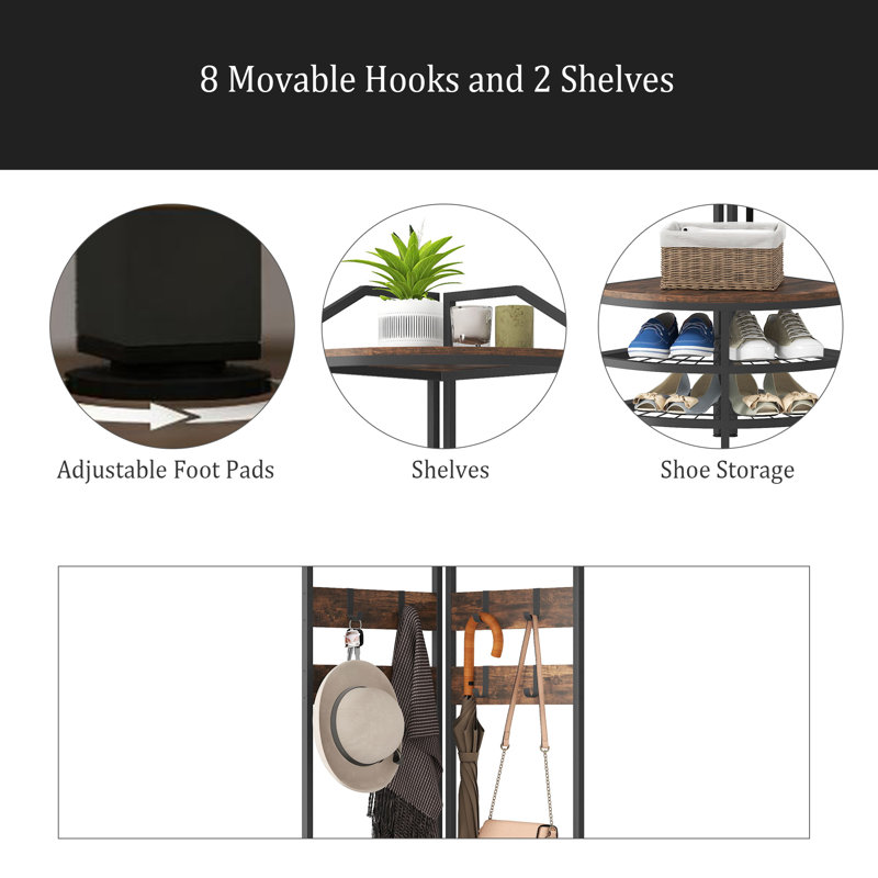 Coat Rack Corner Hall Tree, Industrial 4-Tier Coat Rack With Shoe Storage, 8 Movable Hooks And 2 Shelves