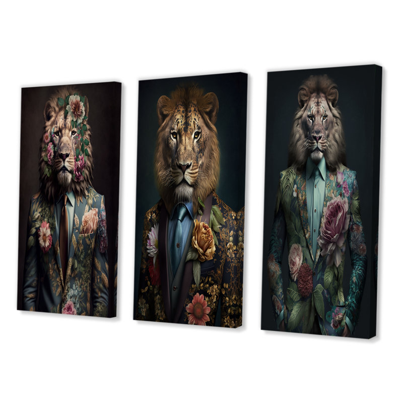 Ensemble de 3 pièces de style glamour avec lion, Toile tendue, H 28 po x l 36 po