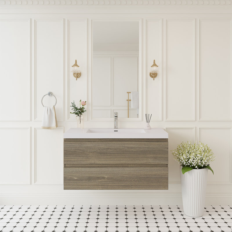 Meuble-lavabo flottant 42 po avec lavabo, Bois de frêne gris