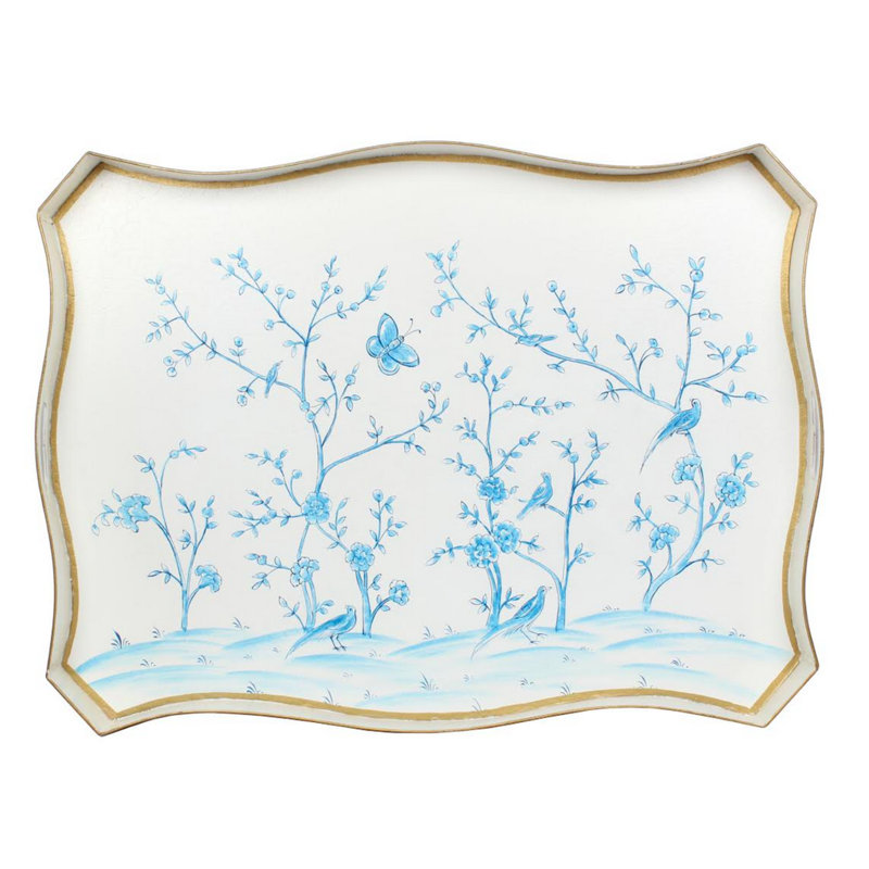 Hand-Painted White and Blue Iron Tray Top End Table