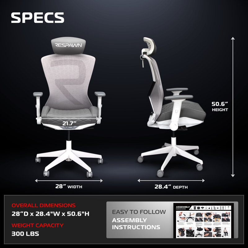 Chaise de bureau ergonomique avec soutien lombaire RESPAWN SPIRE, appui-tête, accoudoirs réglables et coussin de gel rafraîchissant, siège en filet respirant confortable pour le bureau personnel, fauteuil de jeu inclinable à haut dossier