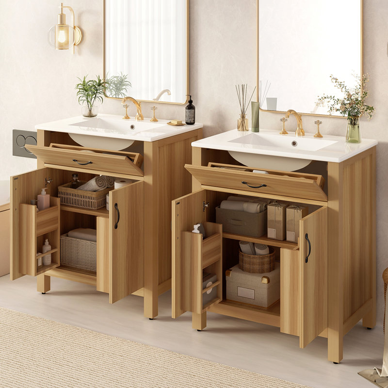 Meuble-lavabo de 60 po en bois avec cadre en bois massif, 4 portes à fermeture douce, 2 tiroirs rabattables, tablette réglable, armoire de rangement moderne