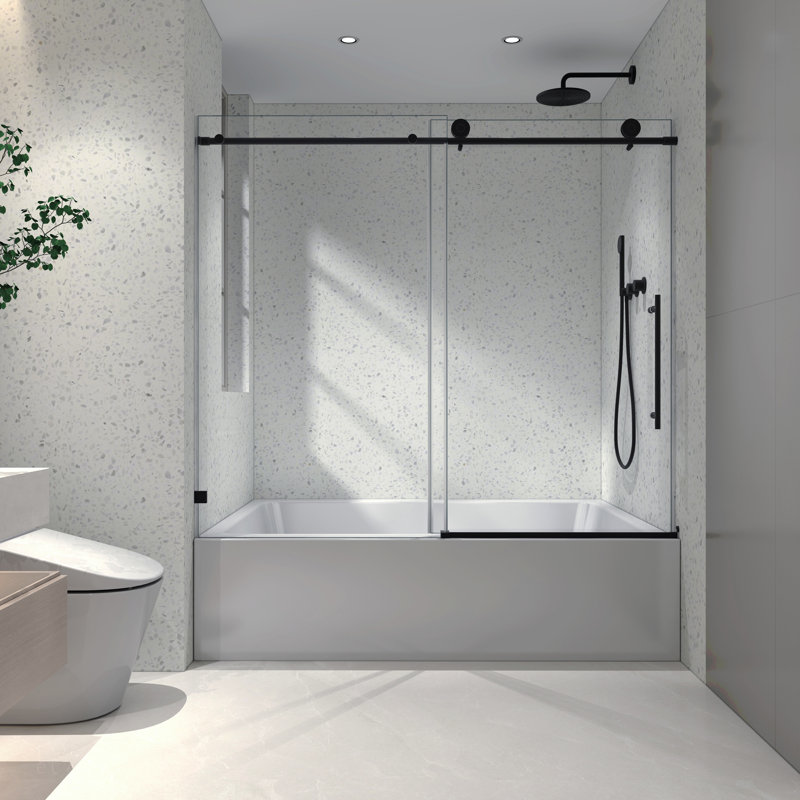 6063 Matte Black Frameless One Fixed And One Shifted Shower Door, 70MM 304 Stainless Steel Large Pulleys With Adjustable Soft Closing Function,With Nano Easy Cleaning,Stick Explosion-Proof Menbrance