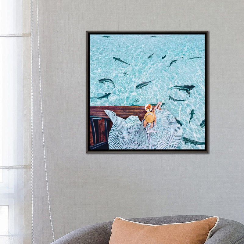 " Breakfast With Sharks " by Hobopeeba, No Mat, 26" H x 26" W x 1.5" D, Dark Rustic Wood Framed Canvas
