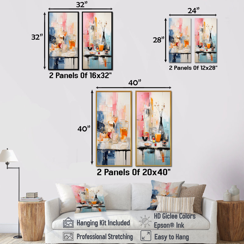 Abstraction alimentaire, ensemble de 2 reproductions d'art mural repas et pique-nique, H 40 po x l 41 po, Cadre noir