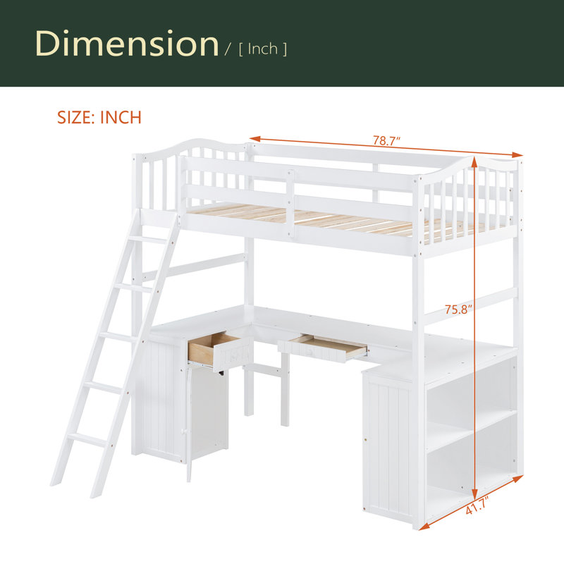 Lit mezzanine simple avec tiroirs, armoire, tablettes et bureau, lit mezzanine en bois avec bureau - blanc