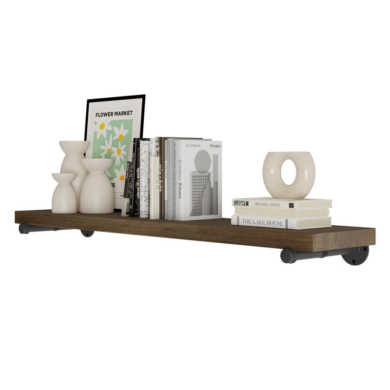 48" x 9.25" Industrial Pipe Shelf, 1.5" Thick Real Wood Shelf, Floating Shelf for Wall Storage, Hanging Shelf for Living Room Decor, Farmhouse Shelf with Pipe Shelf Bracket, Dark Walnut, 1 Pc