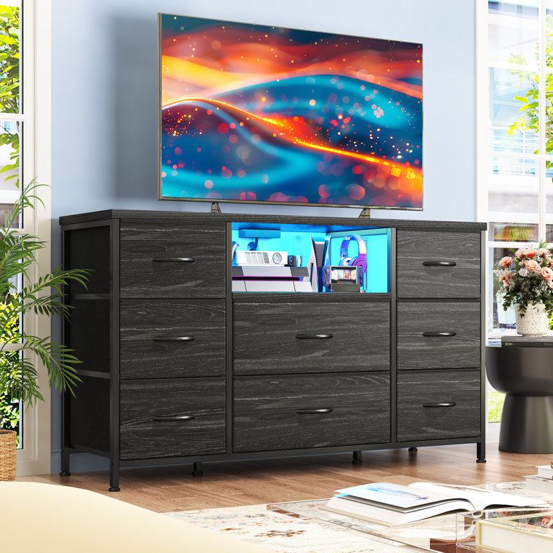 Commode pour chambre à coucher avec lumières à DEL et prises de courant, commodes pour chambre à coucher avec 8 tiroirs, commode télé pour chambre à coucher