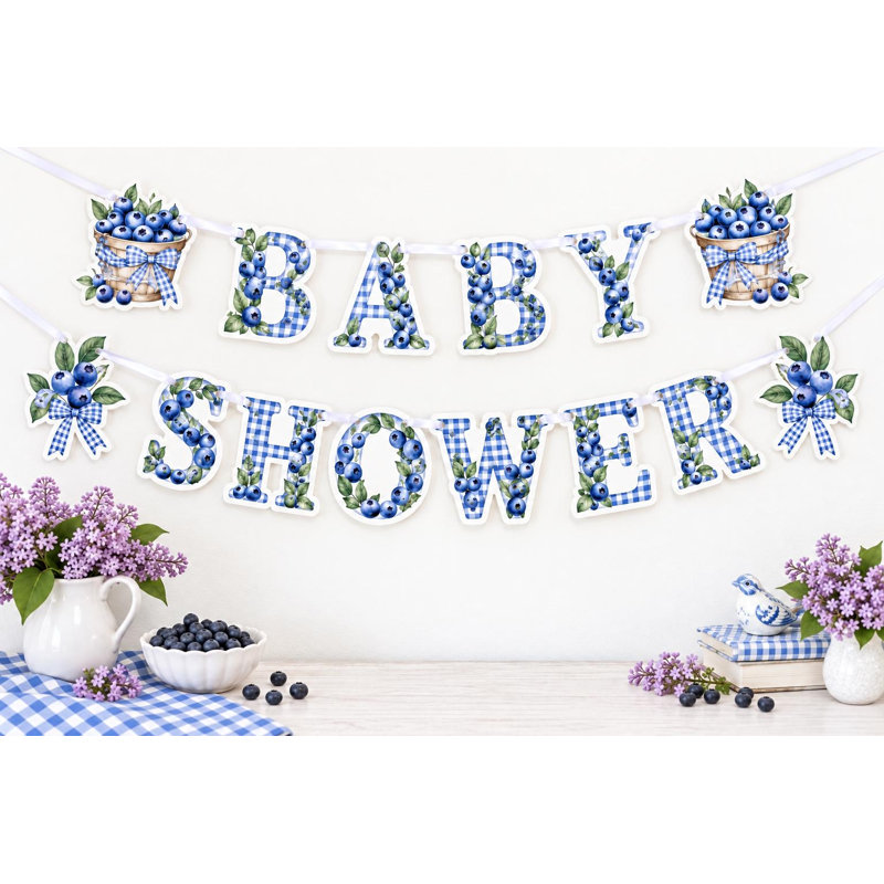 Little Blueberry Patch Baby Shower Banner, Blue Gingham Berry Basket Garland, Cardstock Wall Decor