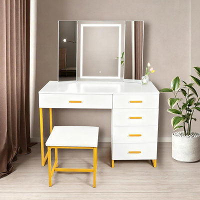 40" Makeup Vanity Desk with Triple-Fold LED Mirror, 5 Drawers & Stool