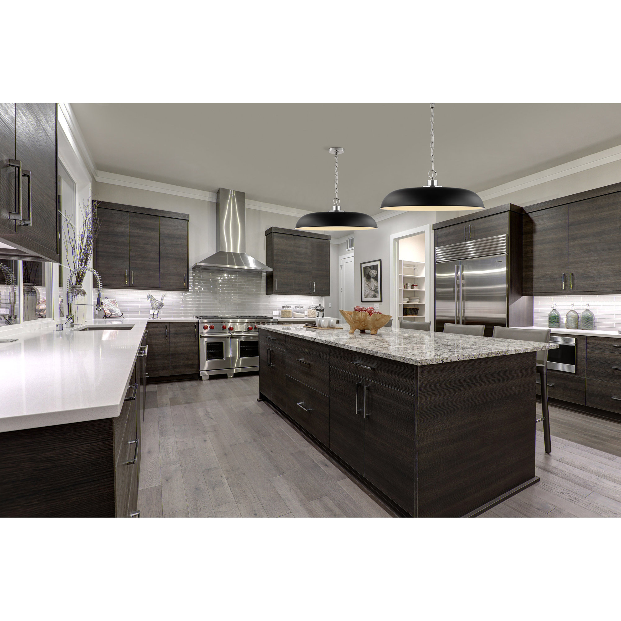 Eddy Single Light Metal Dimmable Pendant, Matte Black/Polished Nickel, 8" H x 24" W x 24" D