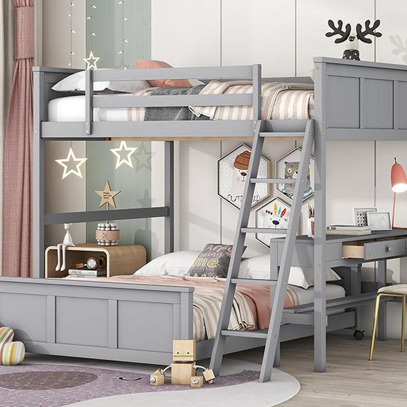Lit double superposé au dessus d'un lit double avec bureau, gris