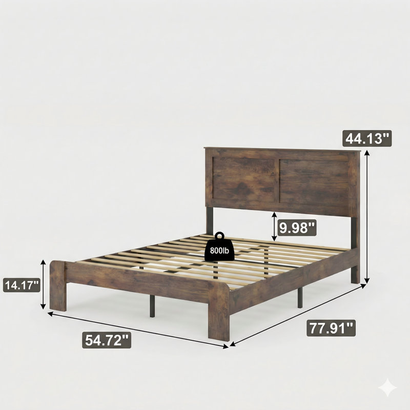 Structure de lit plateforme en bois brun foncé pleine grandeur, fonctionnement silencieux, aucun sommier requis, outils d'assemblage faciles, grand rangement sous le lit