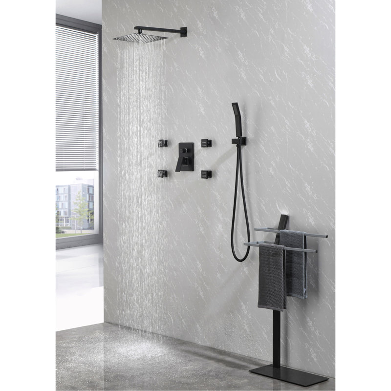 Dispositif de douche noir mat de 10 pouces avec pomme de douche carrée, douche à main, jets de corps et 3 valves d'équilibre incluant