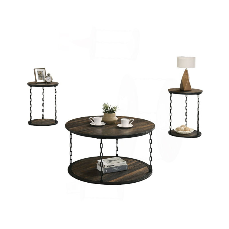 Rustic Style 3Pc Table Set 1X Coffee Table 2X End Table Decorative Chain Pole Two Layered Storage Dark Brown Finish Primary Living Room