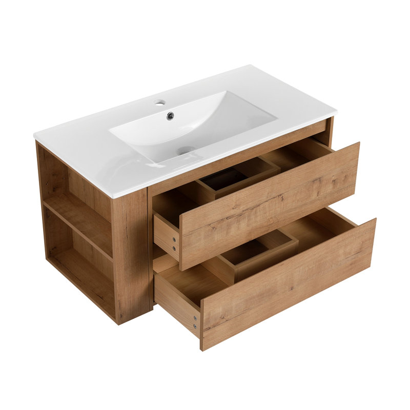 Meuble-lavabo mural 36 po avec lavabo en céramique, Imitation chêne