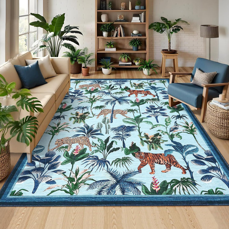 Washable Tiger Rug for Kitchen Non-Slip Non-Shedding Animal Floral Long Carpet, Low Pile Botanical Floor Covering, Foldable Black