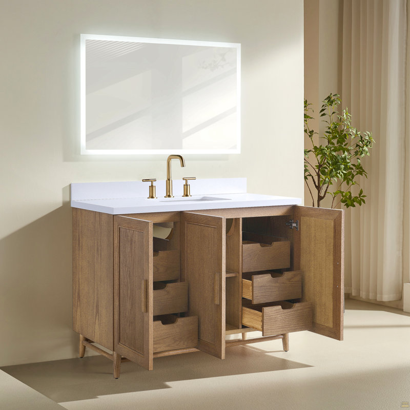 Meuble-lavabo de salle de bain autoportant 48 po entièrement assemblé avec plateau en bois massif et plateau blanc entièrement assemblé