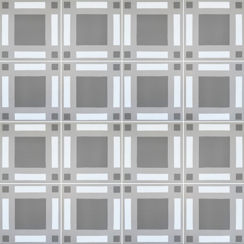 Blvd Plaid 8”X8” Patterned Porcelain Wall and Floor Tile, Gray/White