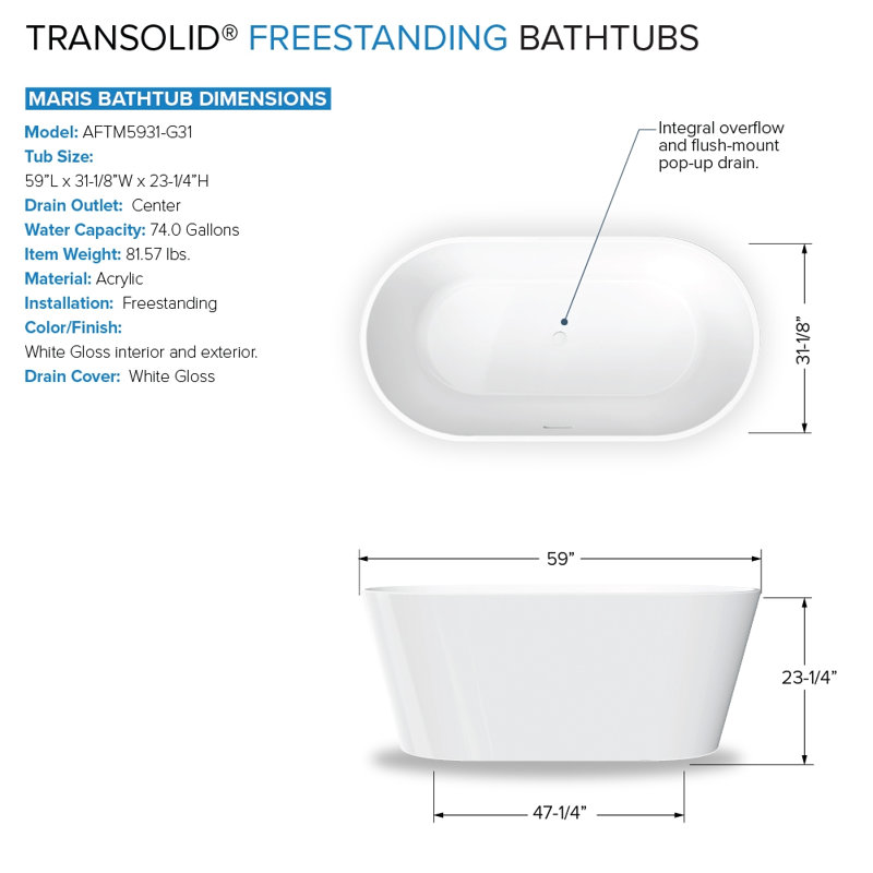 Transolid 59 L x 31.125 W x 23.25 H Freestanding Bathtub, In White